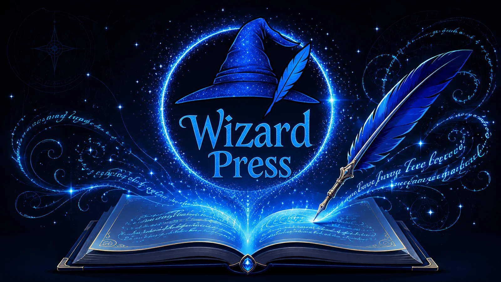 The Wizard Press emblem — a wizard's hat and quill rising in blue light from an open book